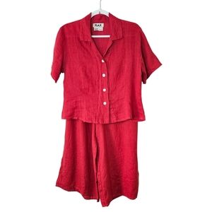 FLAX 2 Piece Set Linen Top & Wide Leg Crop Pants Red Womens Small Boho Lagenlook